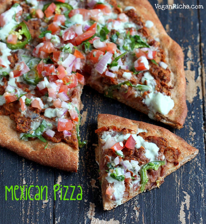 Mexican Pizza with Chipotle Refried Beans, Pico De Gallo, Lime crema on Wheat Sorghum Crust