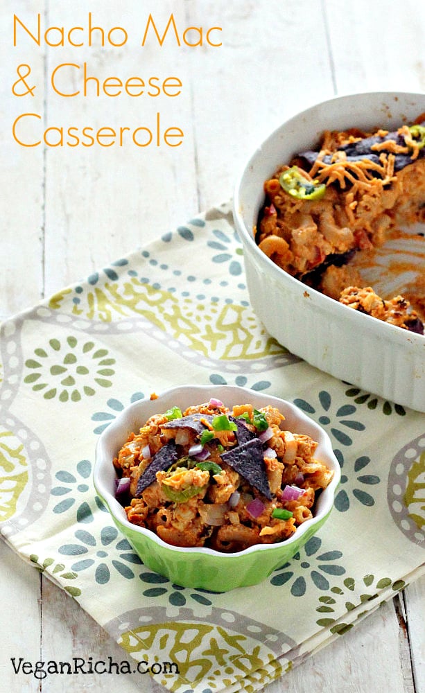 Nacho Mac and Cheese Casserole with Taco Tempeh meat. Vegan Recipe. Can be made soy-free with cooked chickpeas or beans instead of Tempeh | VeganRicha.com