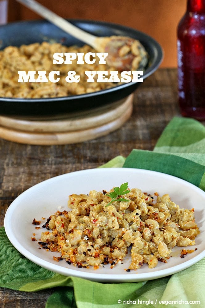 Cajun Mac and Cheese a serving of vegan Spicy Cajun Mac and Cheese with breadcrumb topping
