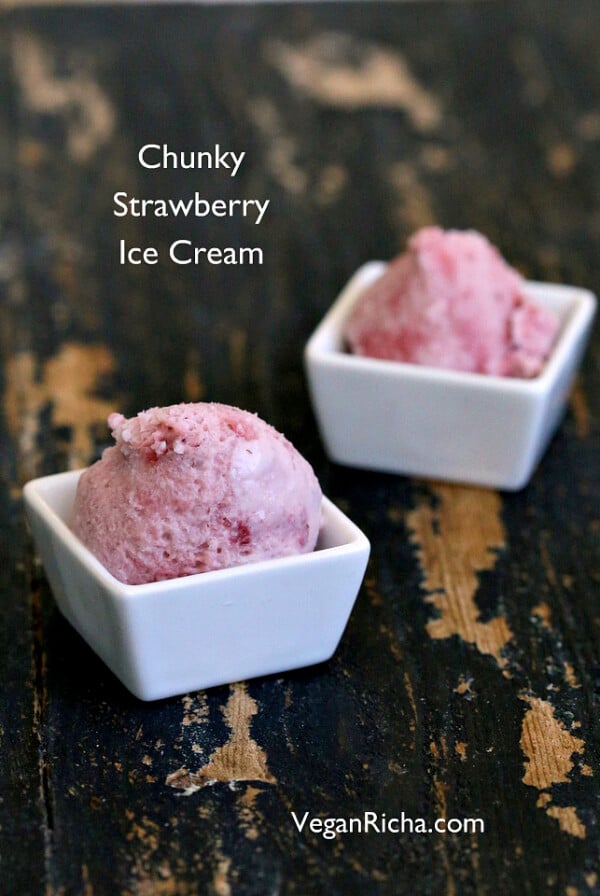 Chunky Strawberry Ice Cream. Vegan Strawberry Ice Cream with coconut milk. Dairy-free. No banana. Easy vegan ice cream. Vegan Gluten-free Recipe serves 2 #glutenfree #veganricha #vegan