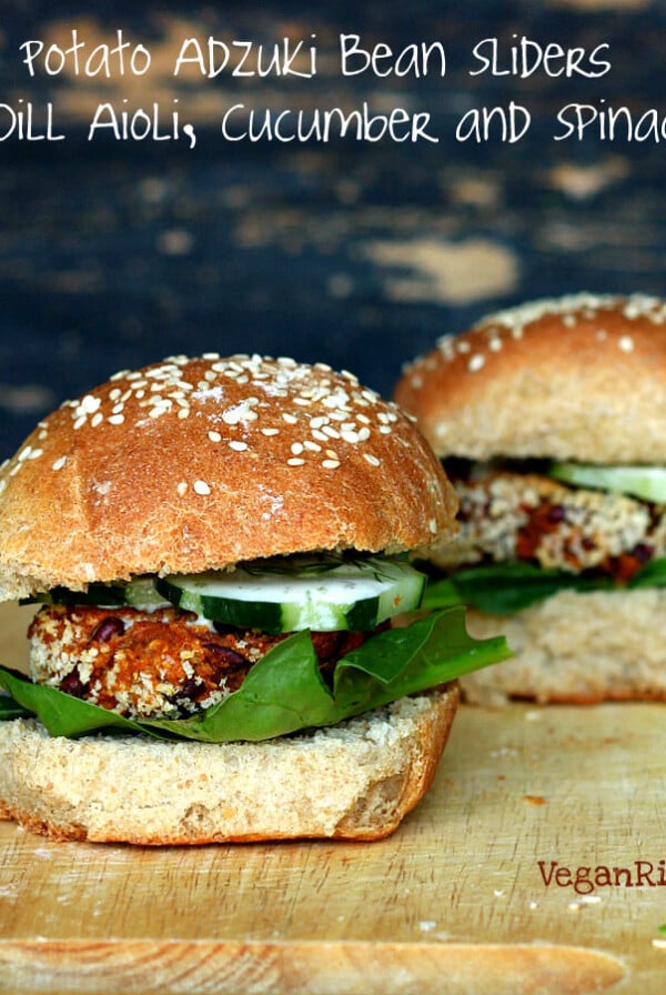 Sweet potato Adzuki bean burger sliders with Spinach, cucumbers and dill aioli. Fresh, springy and easy. Vegan soy-free Recipe