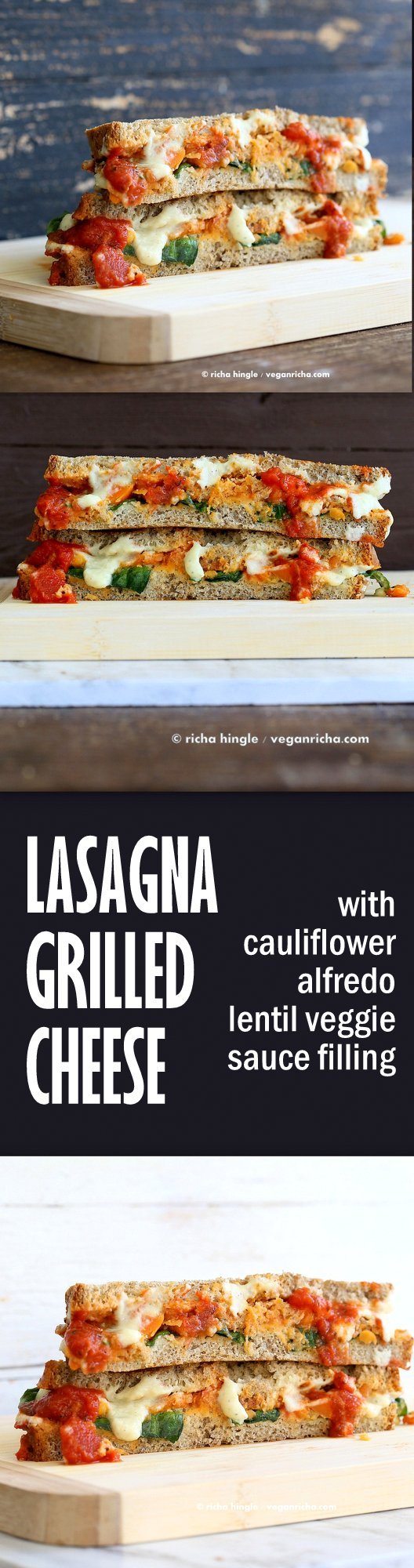 Vegan Lasagna Grilled Cheese Sandwich! Nut-free Soy-free Alfredo sauce, lentils cooked in pasta sauce, veggies, greens, vegan cheese | VeganRicha.com