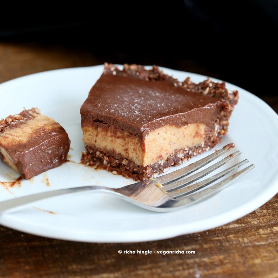 Vegan Salted Caramel Pie - layers of Salted Date Caramel, Chocolate Ganache and Almond Chocolate Crust. No Bake Gluten-free palm oil free | VeganRicha.com