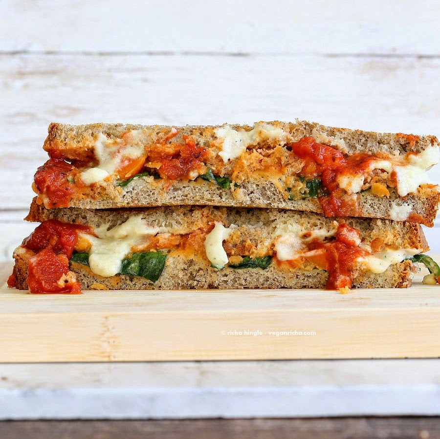 Vegan Lasagna Grilled Cheese Sandwich! Nut-free Soy-free Alfredo sauce, lentils cooked in pasta sauce, veggies, greens, vegan cheese | VeganRicha.com