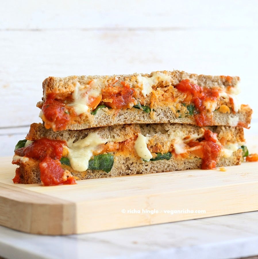 Vegan Lasagna Grilled Cheese Sandwich! Nut-free Soy-free Alfredo sauce, lentils cooked in pasta sauce, veggies, greens, vegan cheese | VeganRicha.com