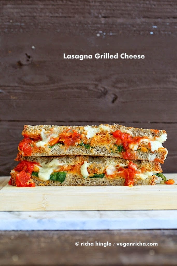 Vegan Lasagna Grilled Cheese Sandwich! Nut-free Soy-free Alfredo sauce, lentils cooked in pasta sauce, veggies, greens, vegan cheese | VeganRicha.com