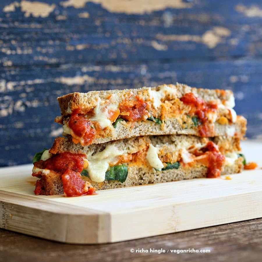Vegan Lasagna Grilled Cheese Sandwich! Nut-free Soy-free Alfredo sauce, lentils cooked in pasta sauce, veggies, greens, vegan cheese | VeganRicha.com