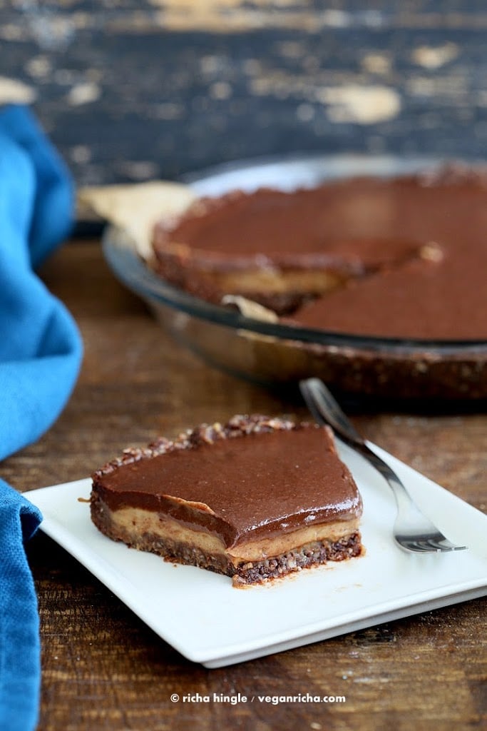 Vegan Salted Caramel Pie - layers of Salted Date Caramel, Chocolate Ganache and Almond Chocolate Crust. No Bake Gluten-free palm oil free | VeganRicha.com