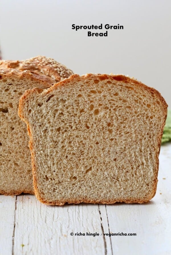 This Vegan Sprouted Wheat Bread Recipe makes a great sandwich bread. It has sprouted wheat and Sprouted Millet for a nutty flavor. Dairy-free #glutenfree #veganricha #vegan