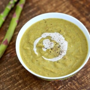 This Roasted Asparagus Basil Soup is a simple soup with fresh asparagus, basil, dill, onions and cashews. Creamy, Vegan and Gluten-free Recipe #glutenfree #veganricha #vegan
