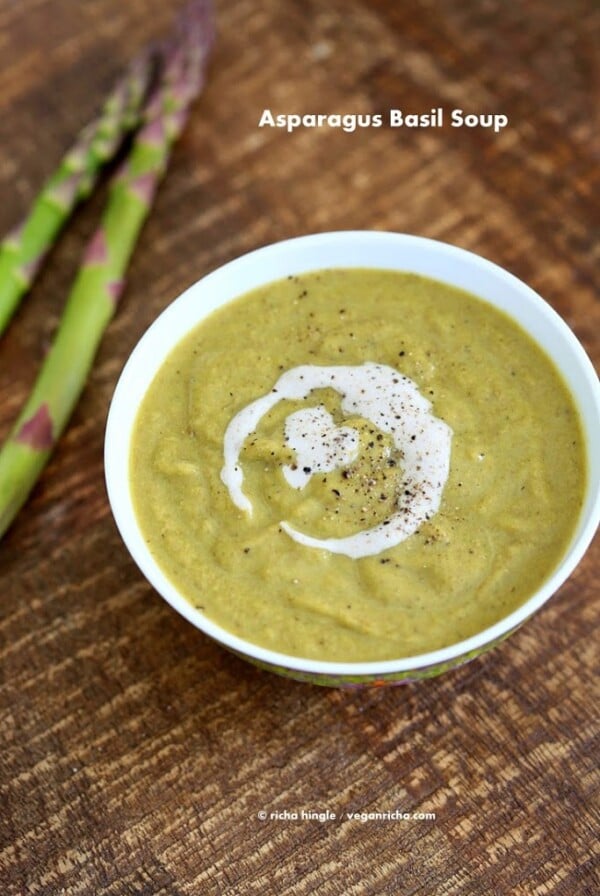 This Roasted Asparagus Basil Soup is a simple soup with fresh asparagus, basil, dill, onions and cashews. Creamy, Vegan and Gluten-free Recipe #glutenfree #veganricha #vegan