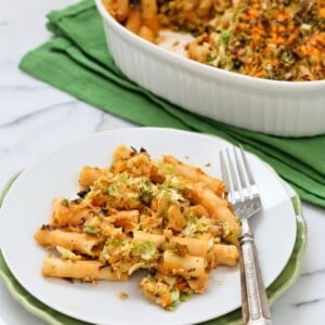 The shaved brussels in this pasta get caramelized with salt and pepper. The melty cheddar mixed in adds a great offset. #glutenfree #veganricha #vegan