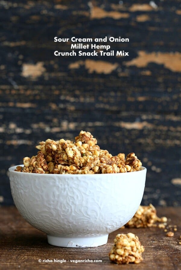 This sour cream onion granola is a fun snack. crunchy savory hemp millet clusters. Use as snack or top soups and salads. Gluten-free Vegan Recipe. #glutenfree #veganricha #vegan