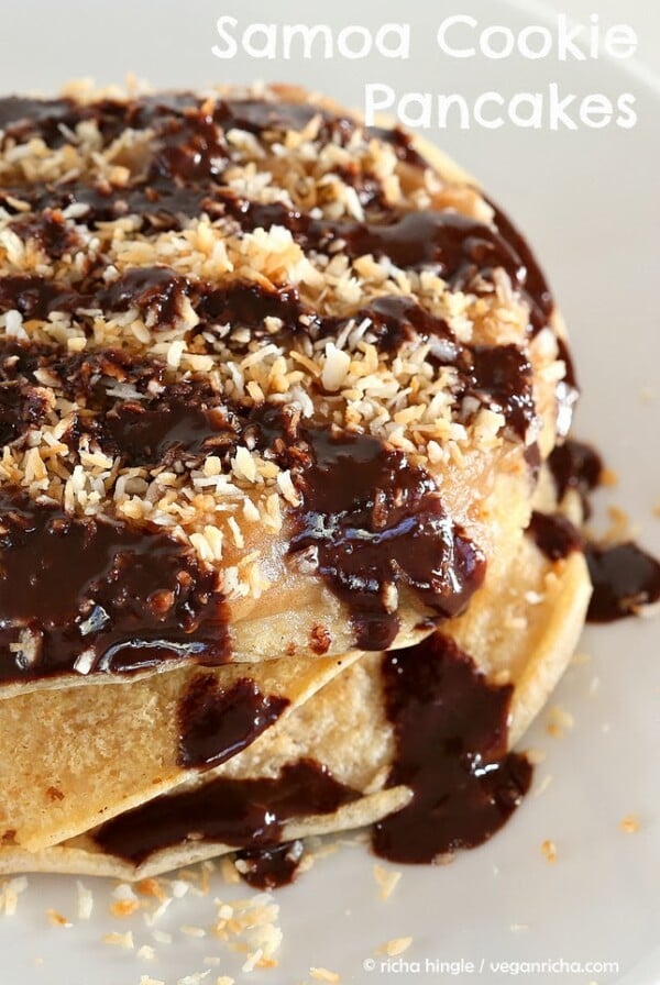 These Samoa cookie pancakes are just the right decadent with salted date caramel, toasted coconut and chocolate. Easy to put together and dare I say very addictive.  #glutenfree #veganricha #vegan