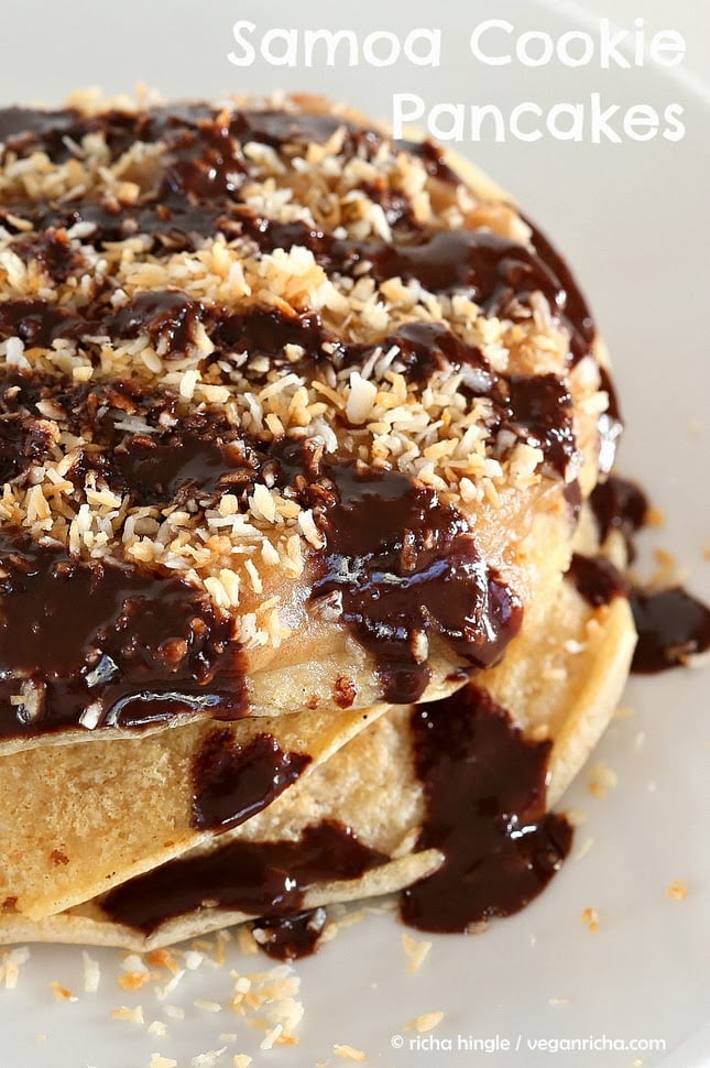 Vegan Samoa Cookie Pancakes with Salted Date Caramel, Toasted Coconut, Chocolate drizzle