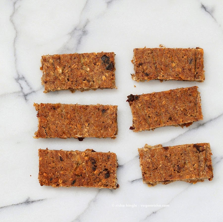 Banana nut snack bars on marble countertop