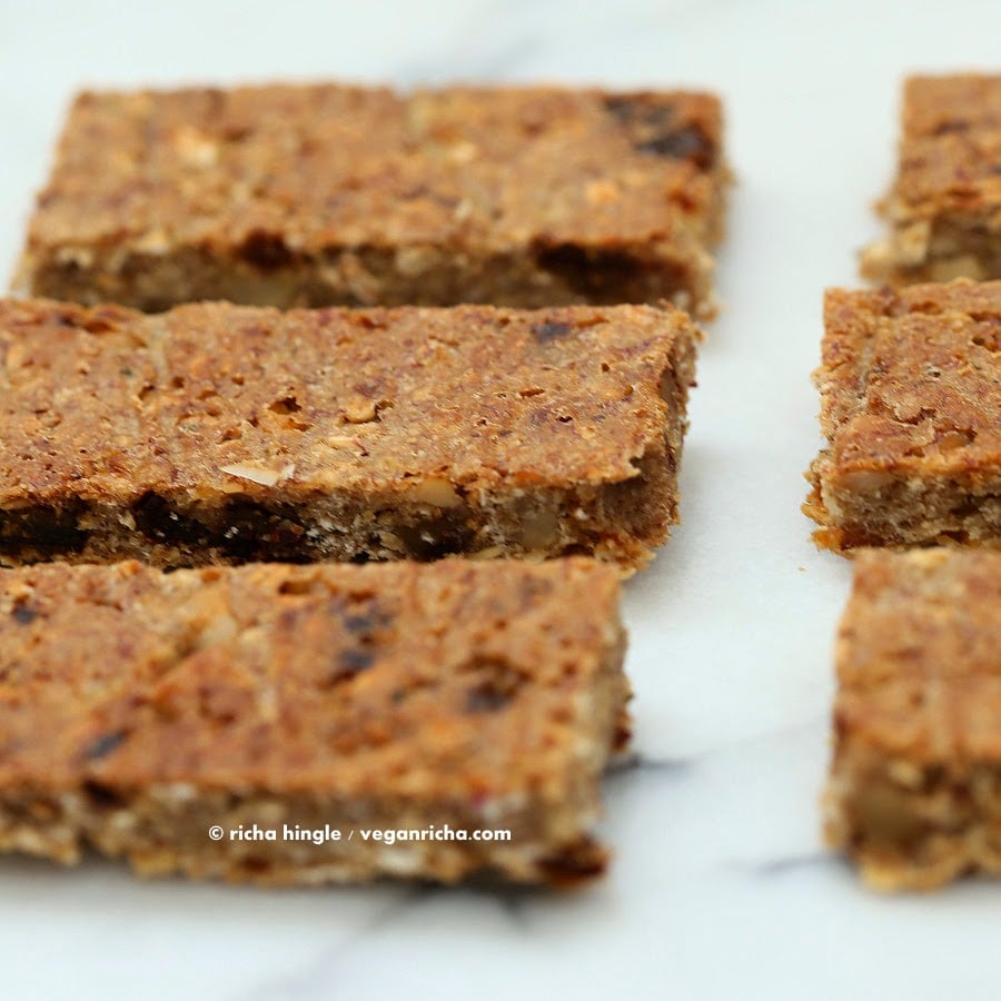 Banana nut snack bars on marble countertop