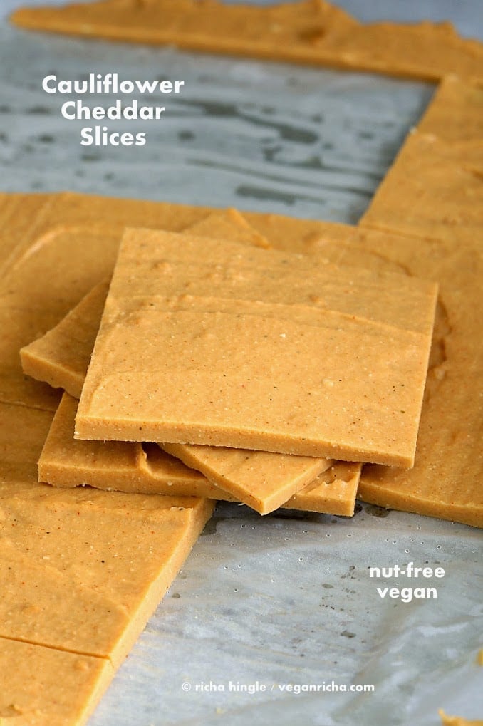 Vegan Cauliflower Hemp Cheddar Slices. Nut-free