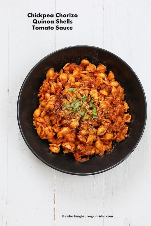 Overhead of chickpea chorizo pasta in a black bowl