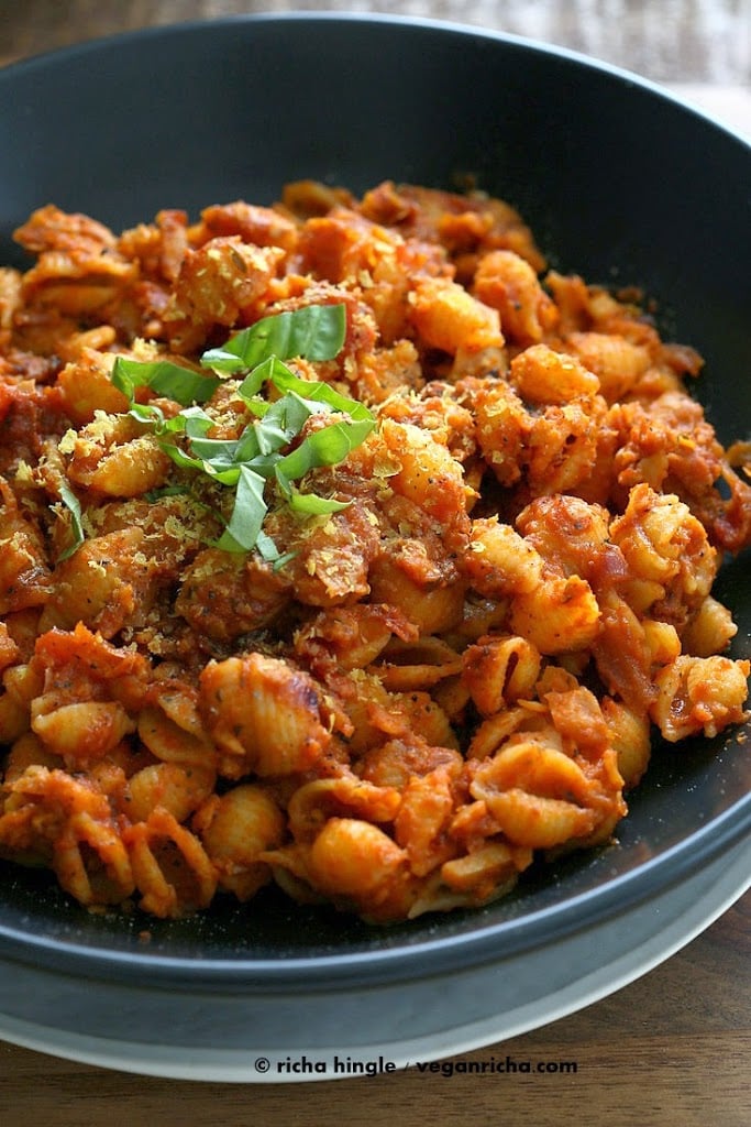 Vegan Chickpea Chorizo with Quinoa Shells in Tomato sauce