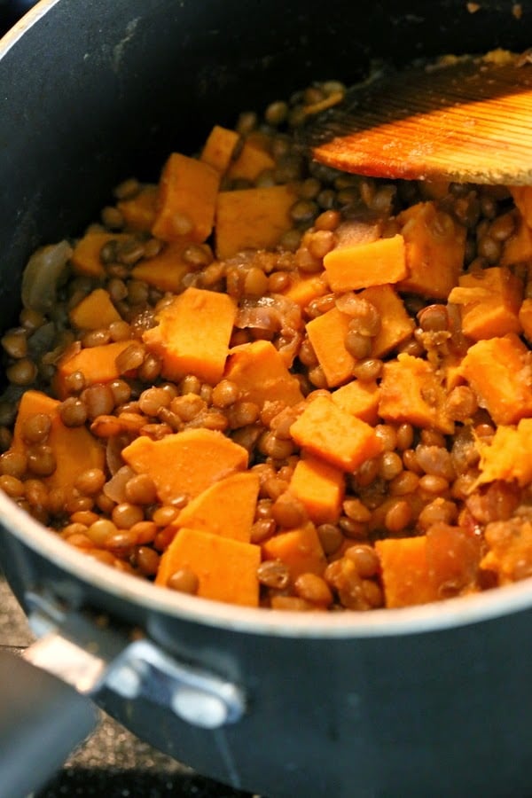 Lentil and sweet potato filling in a pot