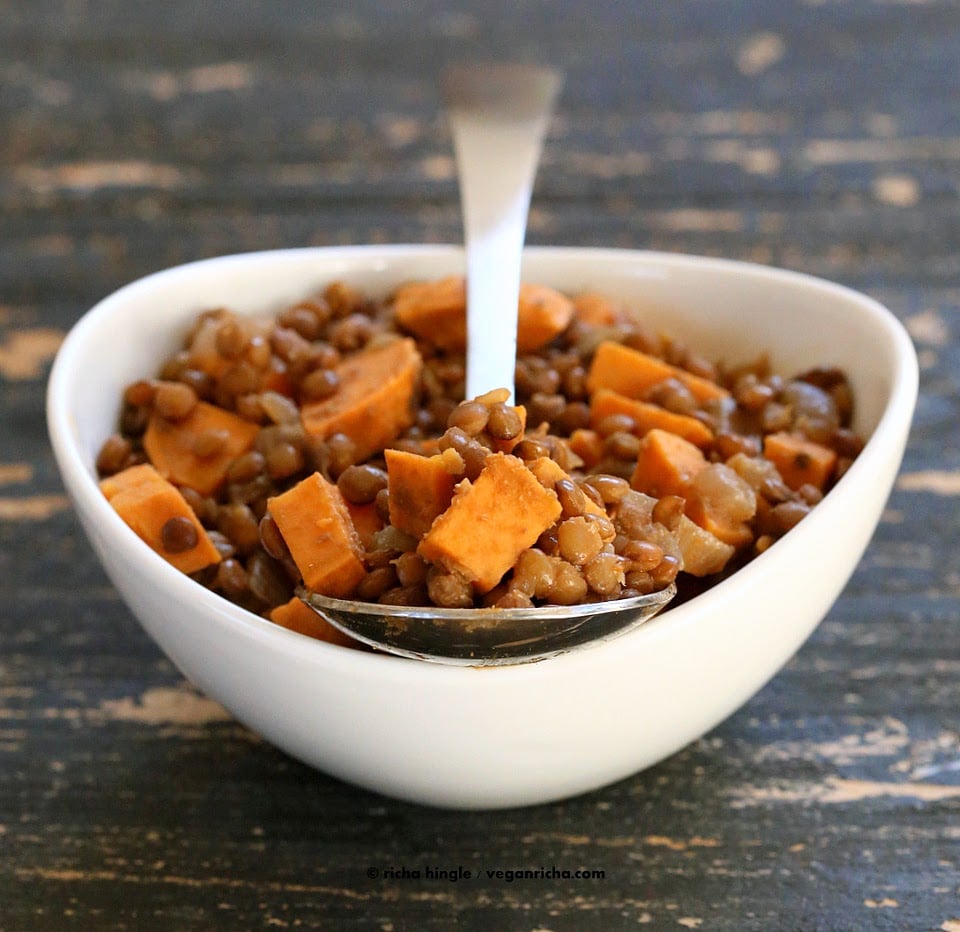 Lentil and sweet potato filling in a white bowl