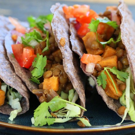 Smoky Sweet Potato Lentil Tacos #vegan #veganricha