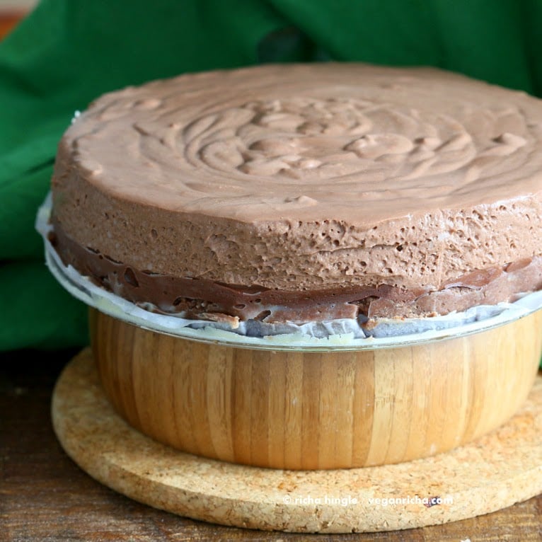 Decadent Triple Chocolate Mousse Cake Vegan #Glutenfree with a Chocolate almond crust, a dark Chocolate mousse, a lighter mousse layer. No palm oil | VeganRicha.com #vegan
