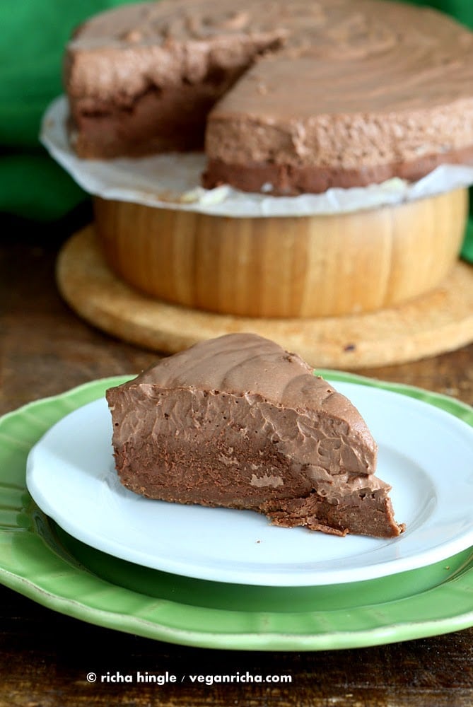 Decadent Triple Chocolate Mousse Cake Vegan #Glutenfree with a Chocolate almond crust, a dark Chocolate mousse, a lighter mousse layer. No palm oil | VeganRicha.com #vegan