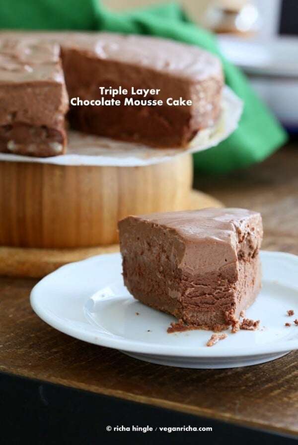 Decadent Triple Chocolate Mousse Cake /Pie has a Chocolate almond crust, a dark Chocolate mousse, a lighter mousse. No palm oil Makes 1 8 inch pan #glutenfree #veganricha #vegan