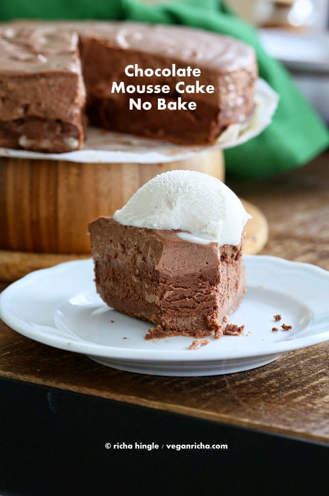 Decadent Triple Chocolate Mousse Cake Vegan #Glutenfree with a Chocolate almond crust, a dark Chocolate mousse, a lighter mousse layer. No palm oil | VeganRicha.com #vegan