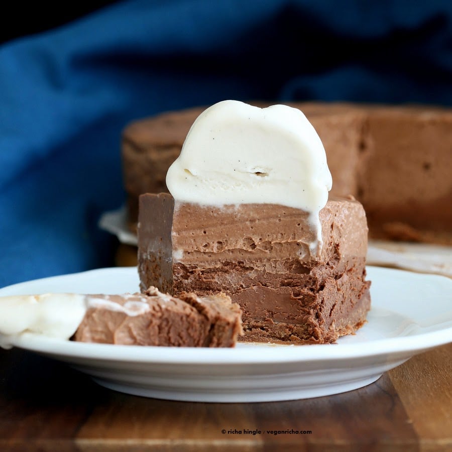 Decadent Triple Chocolate Mousse Cake Vegan #Glutenfree with a Chocolate almond crust, a dark Chocolate mousse, a lighter mousse layer. No palm oil | VeganRicha.com #vegan