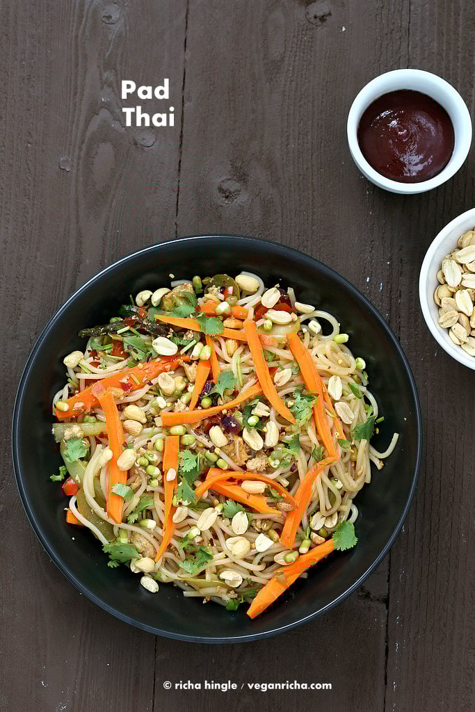 This Vegan Pad Thai is easy to put together and is delicious for a weeknight meal. Rice noodles with veggies, tamarind, thai chili paste and sprouts. #Vegan #glutenfree #recipe. | VeganRicha.com