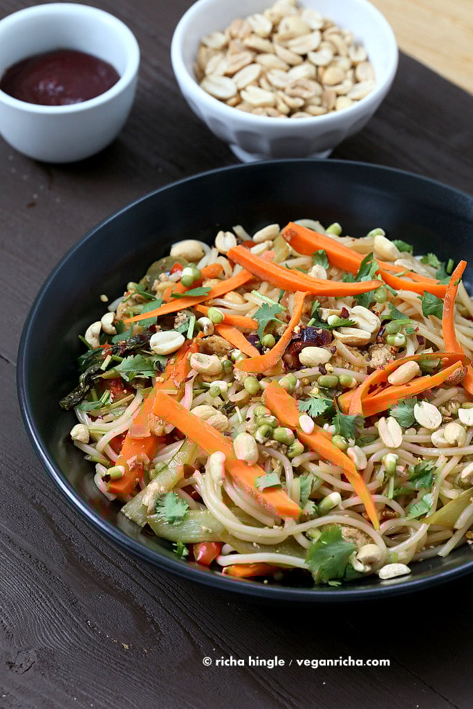 This Vegan Pad Thai is easy to put together and is delicious for a weeknight meal. Rice noodles with veggies, tamarind, thai chili paste and sprouts. #Vegan #glutenfree #recipe. | VeganRicha.com
