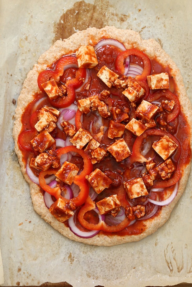 Sriracha BBQ Tofu Pizza with Pepper Jack. Quick Vegan Pizza with a one rise Thin Spelt Crust, topped with Tofu marinated in bbq and sriracha sauce, loaded with Almond milk cheese. | VeganRicha.com #vegan #pizza