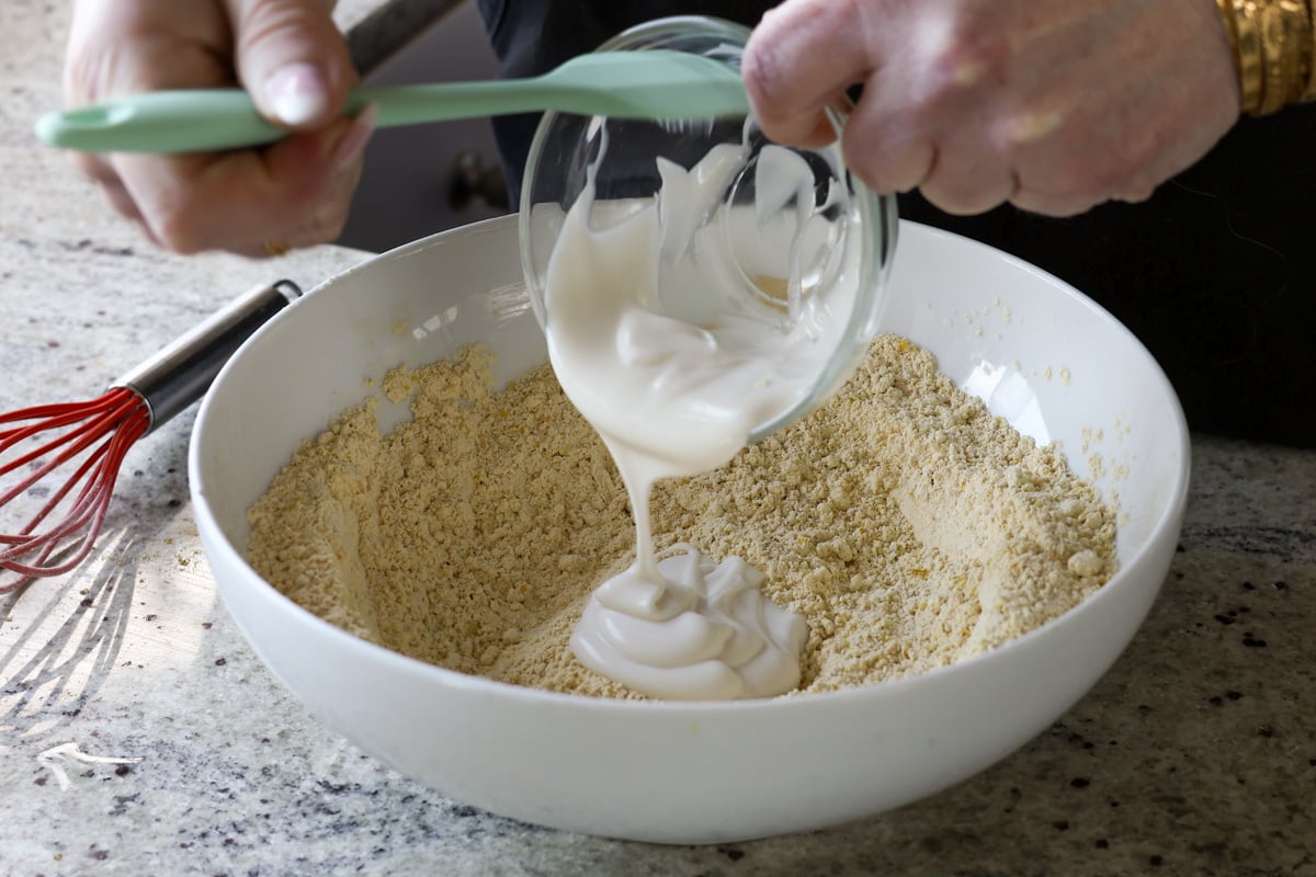 adding non-dairy yogurt to the dry ingredients