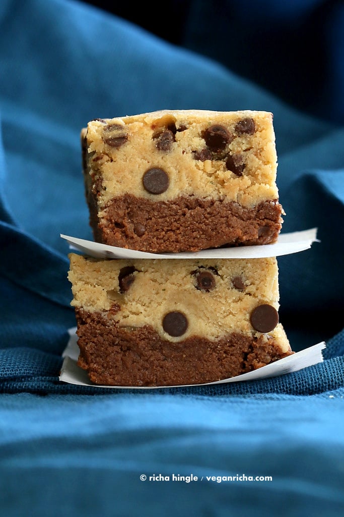 These Vegan Cookie Dough Brownies have a secret ingredient. Lentils! Free of dairy, egg, soy and gluten | VeganRicha.com #vegan #glutenfree #soyfree