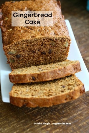 Vegan Gingerbread Cake sliced and placed on wood| Vegan Richa #vegan #glutenfree #veganricha