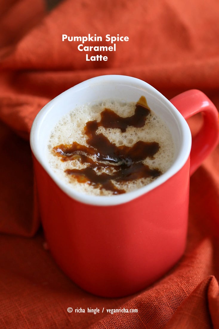 Vegan Pumpkin Spice Caramel Latte. This Pumpkin Spice Latte uses a caramel sauce made with pumpkin puree, spices and coconut sugar. Use as much or as little as you like. Vegan Gluten-free Soy-free Recipe. | Vegan Richa