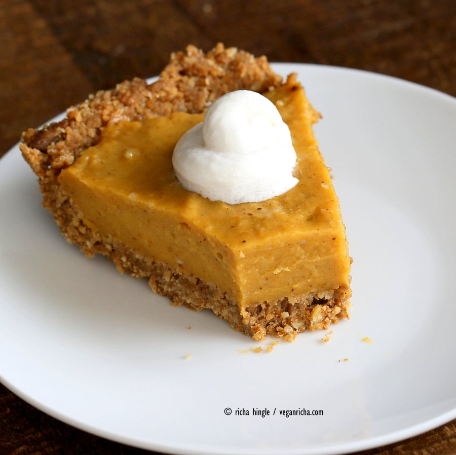 This No Bake Vegan Pumpkin Pie with Gluten-free Gingerbread Crust is easy to put together and is perfect with whipped coconut cream. Soy-free Holiday Recipe VeganRicha.com