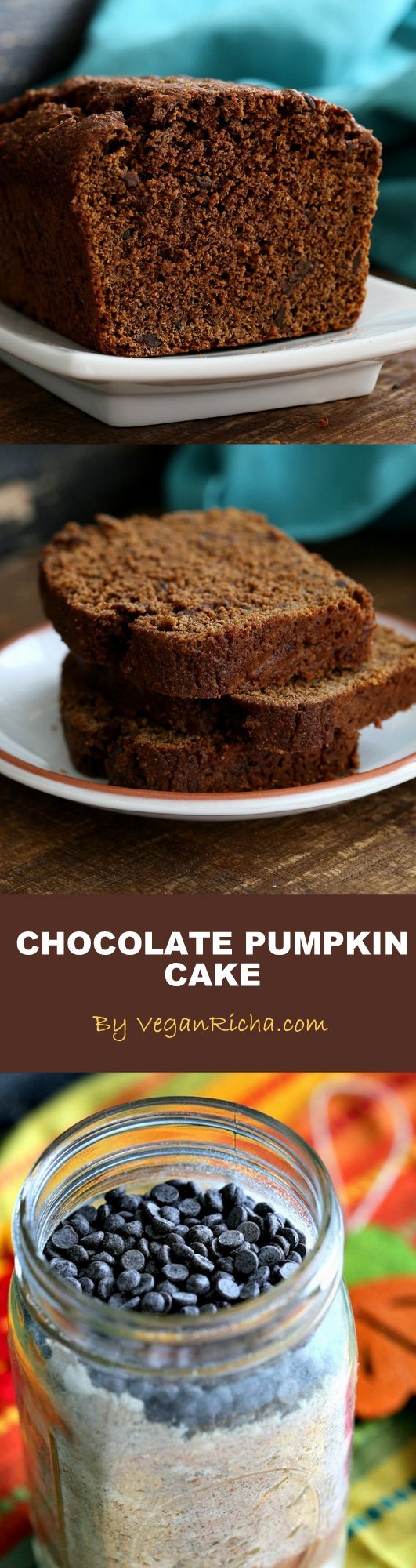 One Bowl Pumpkin Chocolate Bread or Cake. Vegan Chocolate Pumpkin Cake Mix is a perfect gift in a jar. Just add pumpkin & non dairy milk and bake. Spiced, Moist, delicious. | VeganRicha.com