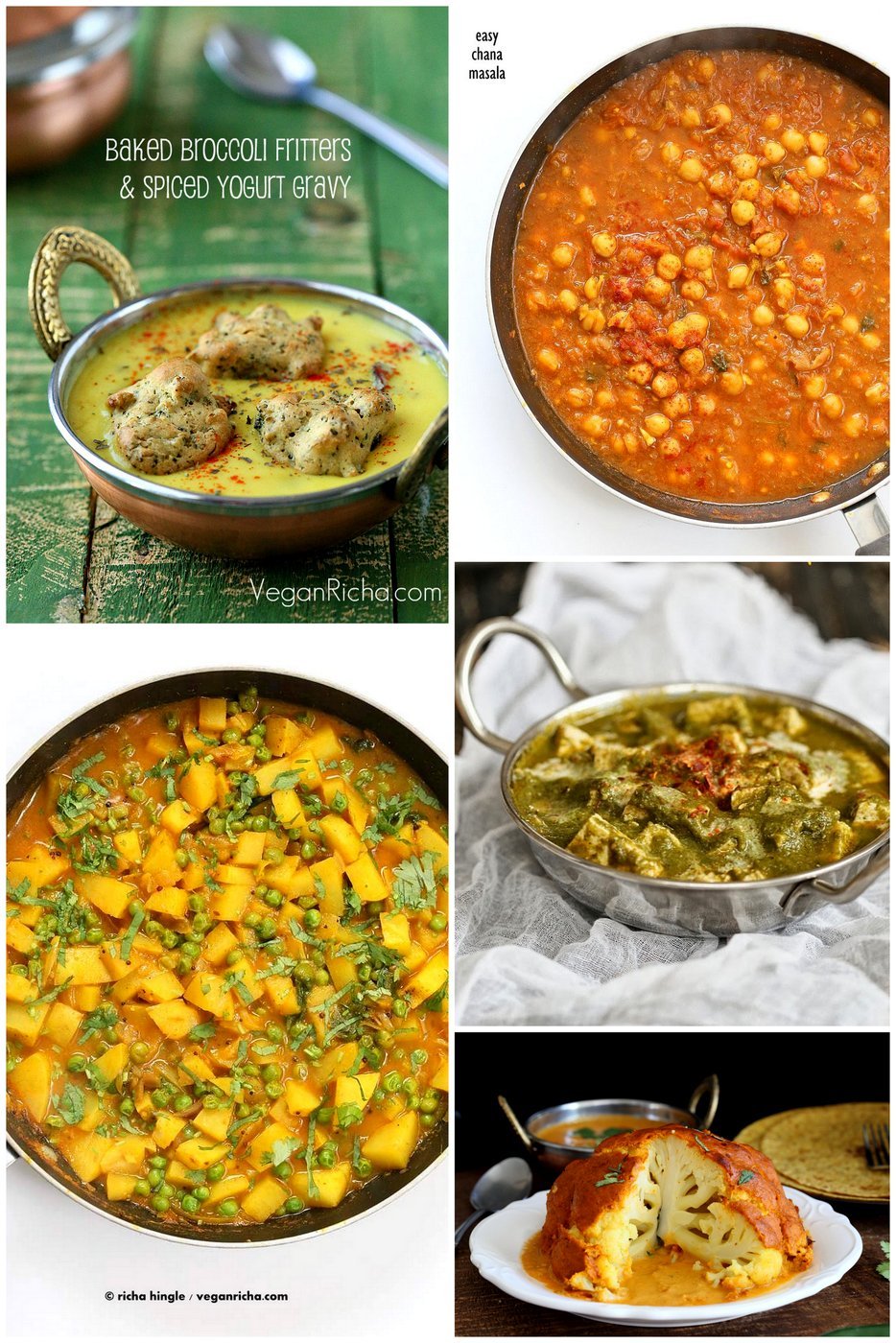 Popular Indian Curries and Entrees like Whote roasted cauliflower, Bombay Potatoes, Kadhi, Pasanda Sauce, Palak tofu and more | VeganRicha.com