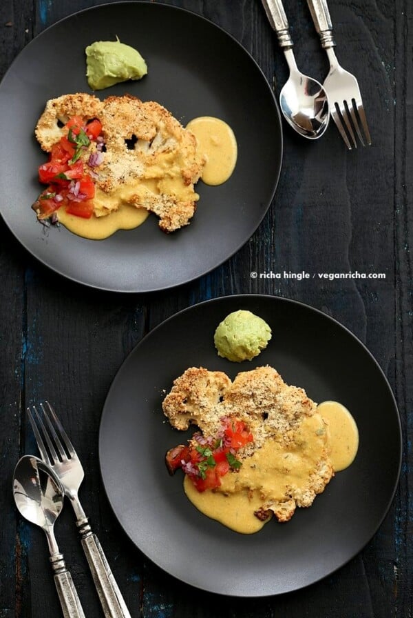 Almond Crusted Cauliflower with Cheese Sauce | Vegan Richa #vegan #glutenfree #veganricha