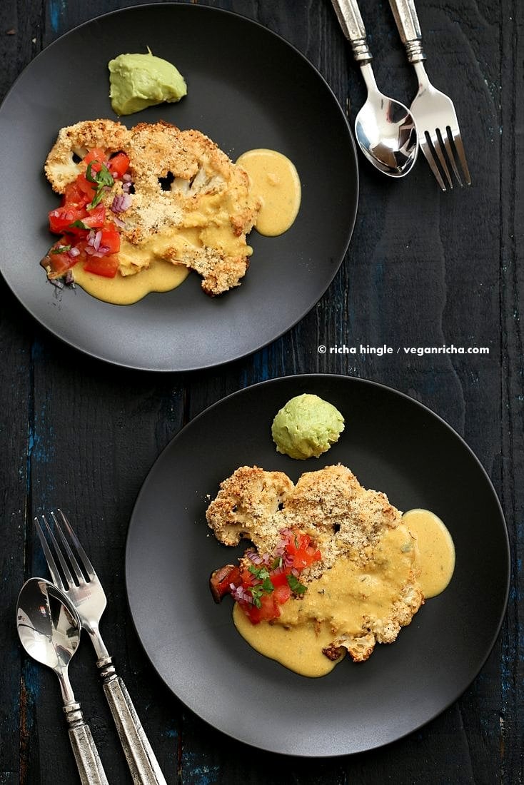 Almond Crusted Cauliflower with Cheese Sauce | Vegan Richa