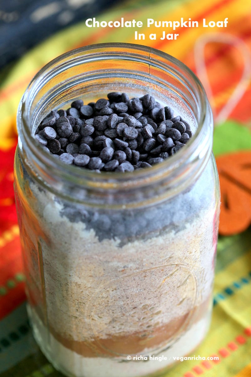 Vegan Chocolate Pumpkin Cake Mix is a perfect gift in a jar. Just add pumpkin & non dairy milk and bake. Spiced, Moist, delicious. One Bowl Pumpkin Chocolate Bread or Cake.| Vegan Richa