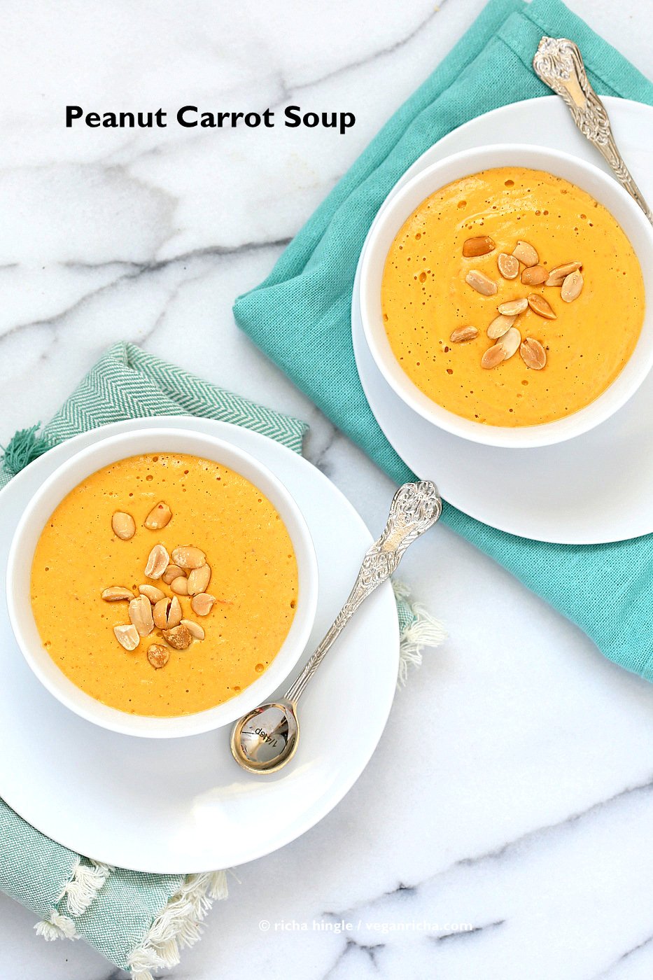 Vegan Carrot Peanut Soup | https://veganricha.com #vegan #glutenfree This Vegan Carrot Peanut Soup is super simple and gets the appetite going. Favorite Thai Peanut butter sauce made into soup