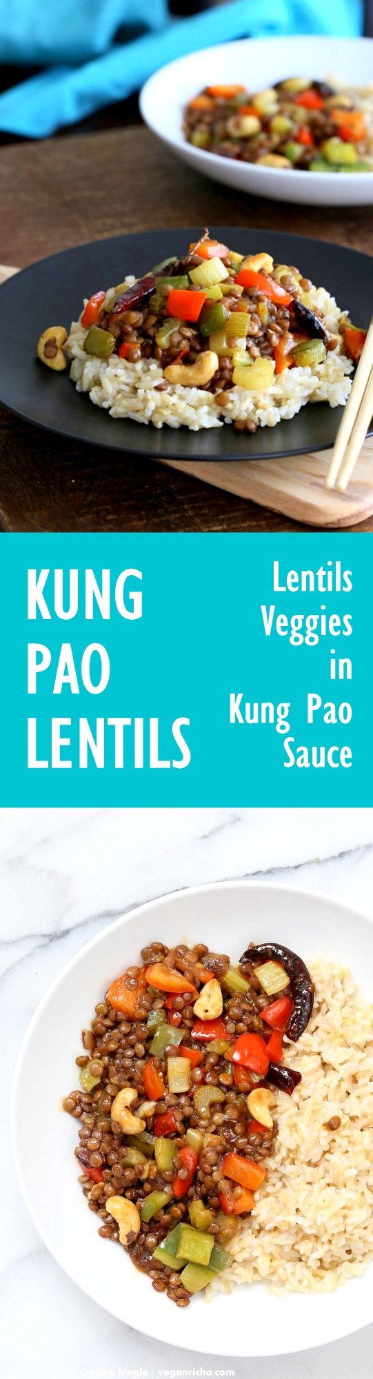 Kung Pao Lentils with a delicious hot kung pao sauce. Easy 30 minute weeknight dinner | VeganRicha.com #vegan #glutenfree