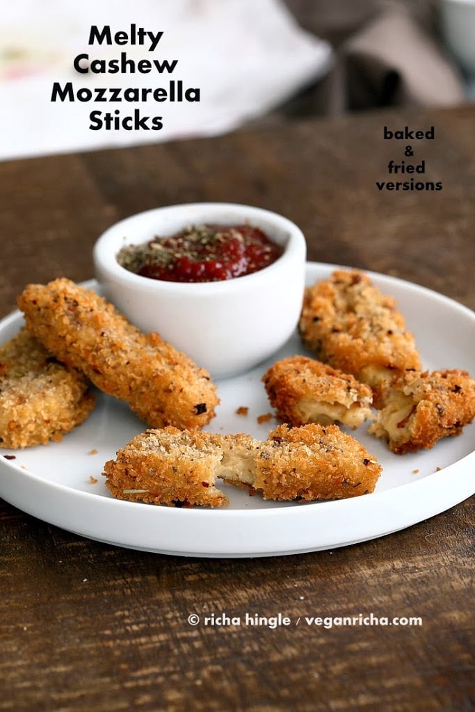 Vegan Cashew Mozzarella made into Mozzarella Sticks. Can be baked or fried - VeganRicha.com