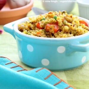 South Indian Quinoa Salad in a blue polka dot dish