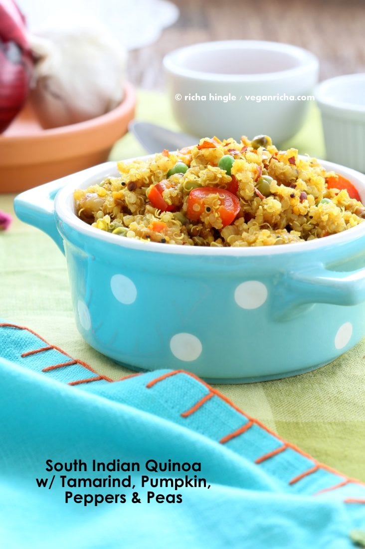 South Indian Quinoa Salad in a blue polka dot dish